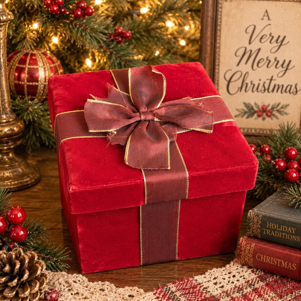 Red Velvet Christmas Gift Box Burgundy Ribbon Gold Trim Holiday Decor Storage